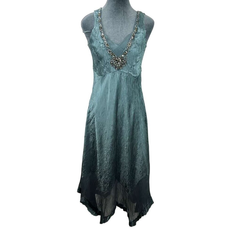 Komarov Women's Medium Crinkle Cascading Ruffle Long Blue Dress